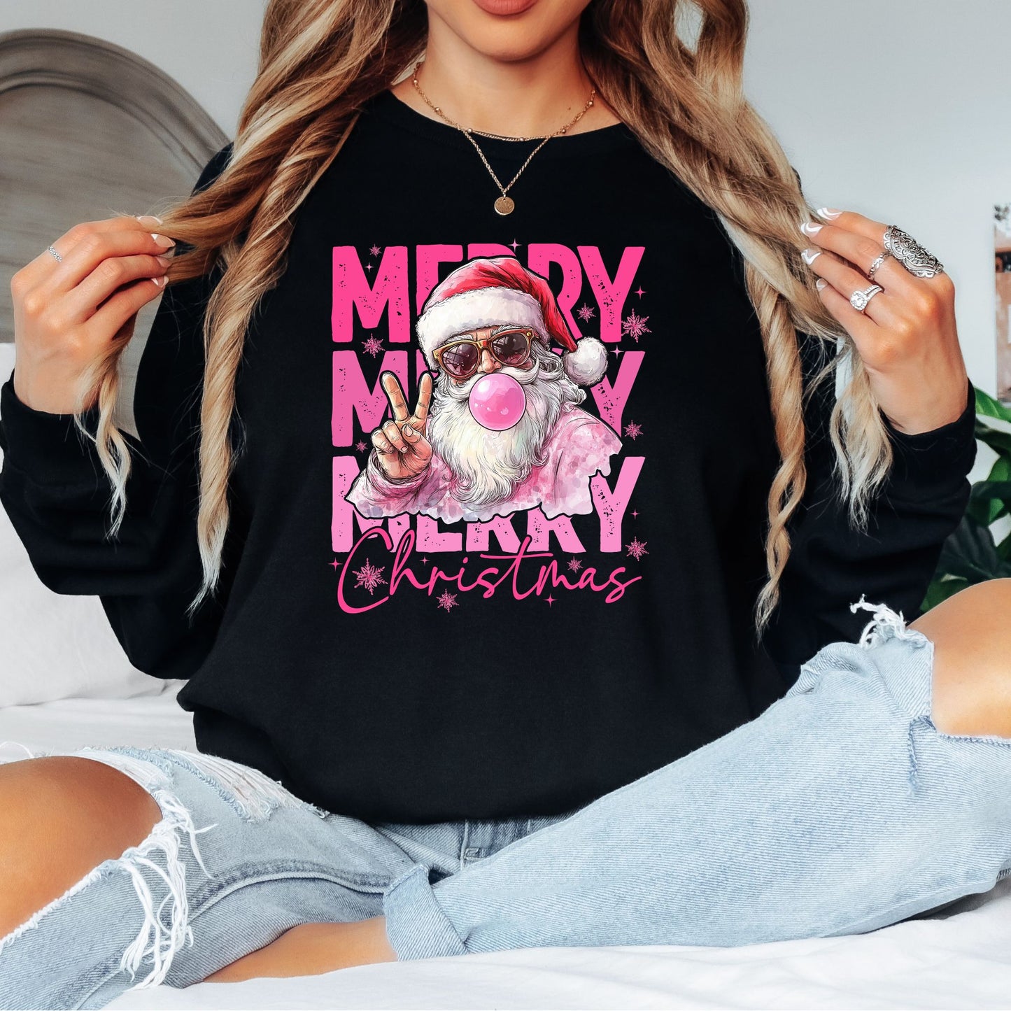 Merry Christmas Pink T-Shirt, Long Sleeve T or Crewneck Sweatshirt