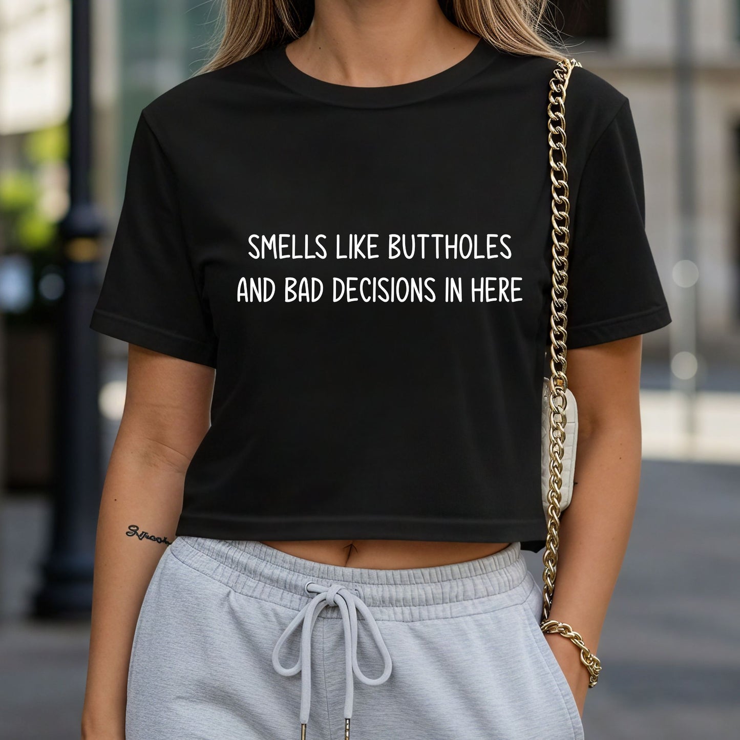 Smells Like Buttholes and Bad Decisions Crop Top or Racerback Tank