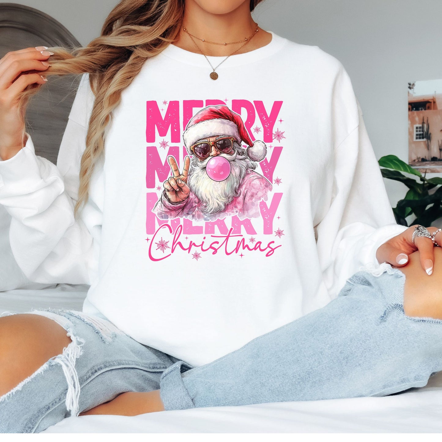 Merry Christmas Pink T-Shirt, Long Sleeve T or Crewneck Sweatshirt