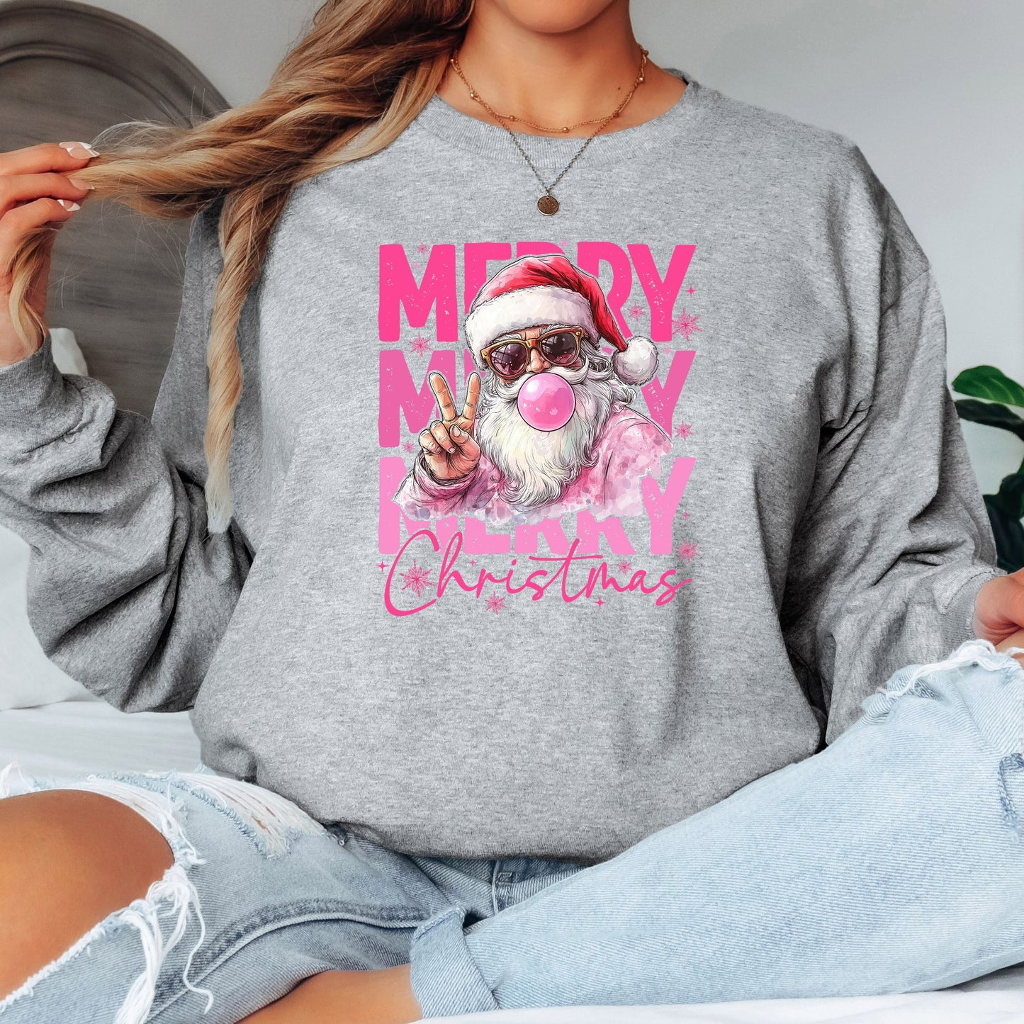 Merry Christmas Pink T-Shirt, Long Sleeve T or Crewneck Sweatshirt